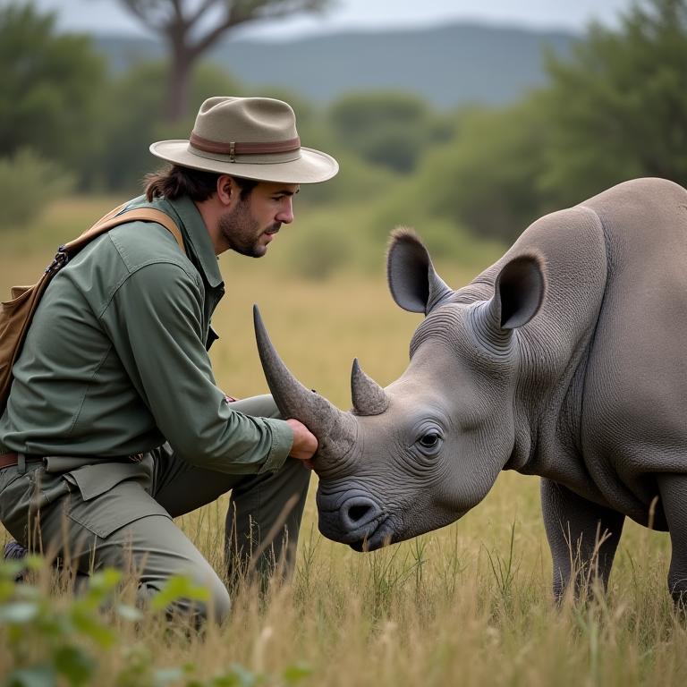 Conservation researcher working with rhino